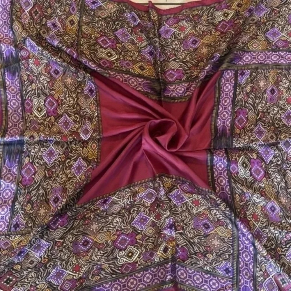 Oscar de la Renta Signed Vintage Silk Scarf RN 62720 | Burgundy, Purple, Gold |